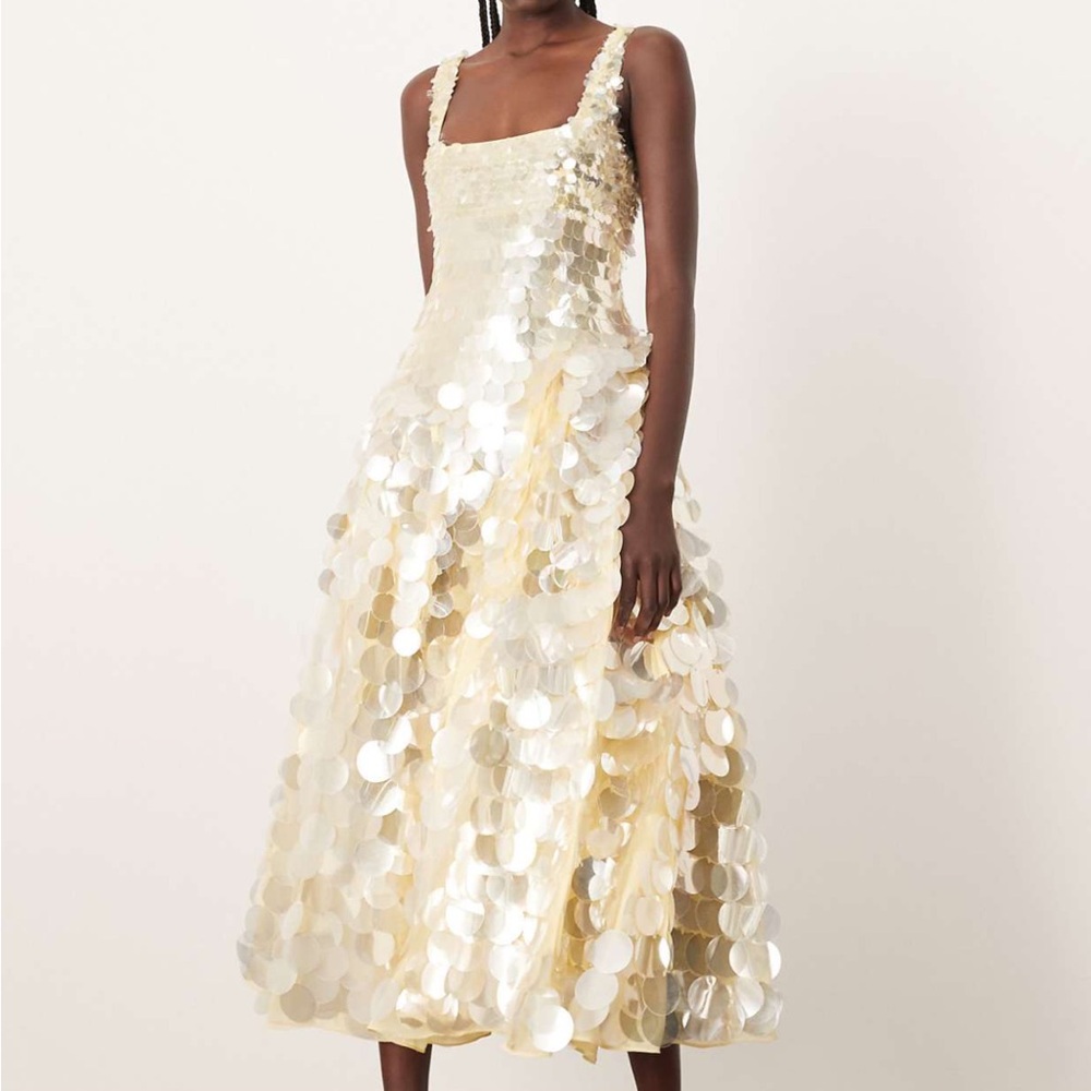 *NWT* ARRANGE embellished disc sequin square neck full skirt midi dress in lemon